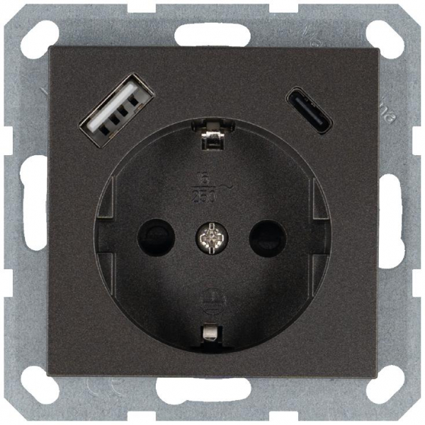 Розетка Shuko 16А с заземл. защ. шторки с 2-мя заряд. устройствами USB тип A+C 25Вт механизм мокко Jasmart G5501USB-25Z ТехноИмпульс
