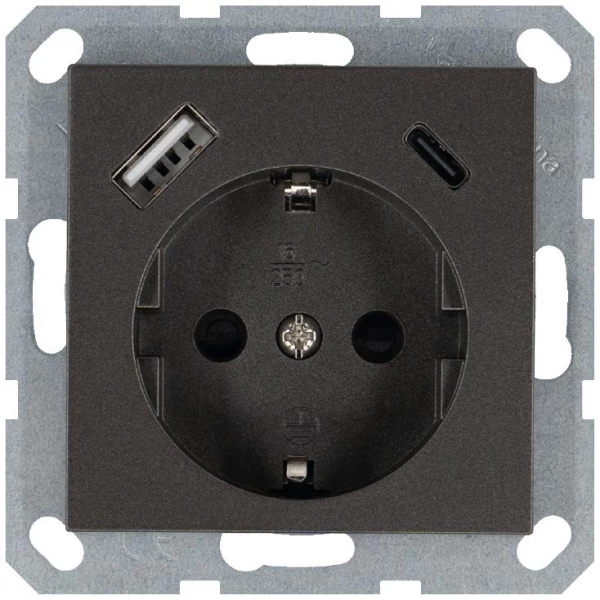 Розетка Shuko 16А с заземл. защ. шторки с 2-мя заряд. устройствами USB тип A+C 25Вт механизм мокко Jasmart G5501USB-25Z ТехноИмпульс