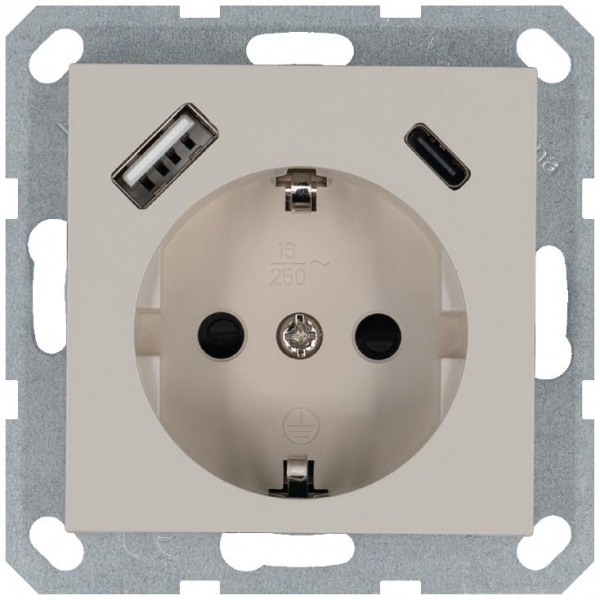 Розетка Shuko 16А с заземл. защ. шторки с 2-мя заряд. устройствами USB тип A+C 25Вт механизм тауп Jasmart G5501USB-25T ТехноИмпульс
