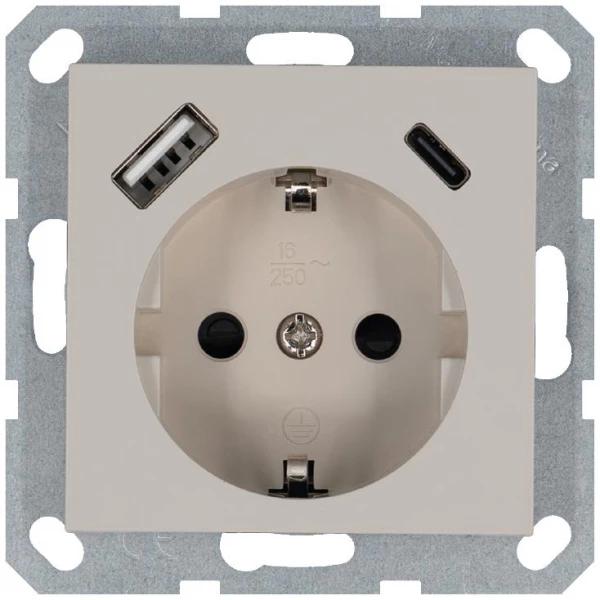 Розетка Shuko 16А с заземл. защ. шторки с 2-мя заряд. устройствами USB тип A+C 25Вт механизм тауп Jasmart G5501USB-25T ТехноИмпульс