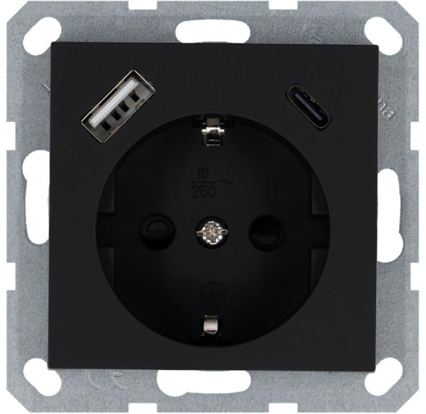 Розетка Shuko 16А с заземл. защ. шторки с 2-мя заряд. устройствами USB тип A+C 25Вт механизм черн. матов. soft touch Jasmart G5501USB-25PB ТехноИмпульс
