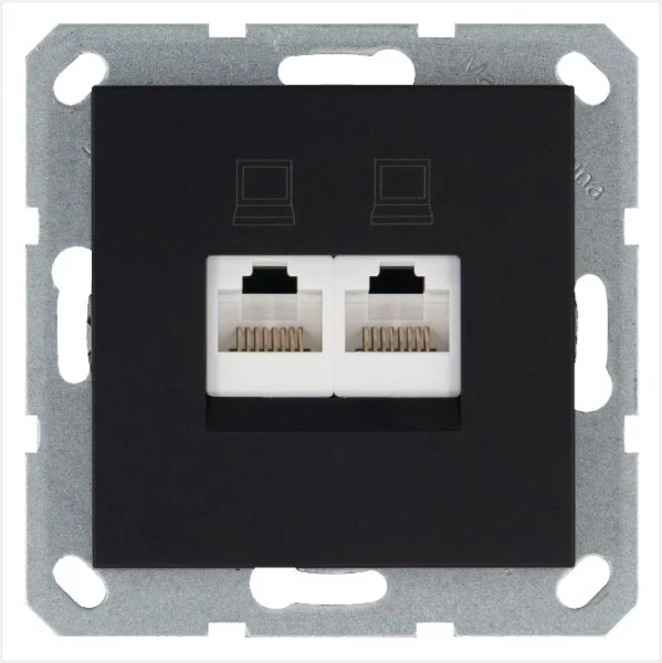 Розетка компьютерная 2-м RJ45 IP20 кат. 5E механизм черн. матов. soft touch Jasmart G6106PB ТехноИмпульс