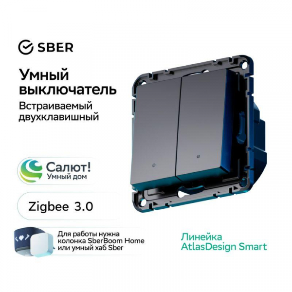 Выключатель 2-кл. AtlasDesign Smart 10А (сх. 5) L+N с подсветкой Zigbee механизм карбон SE ATN001053Z ТехноИмпульс