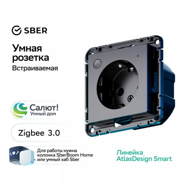 Розетка AtlasDesign Smart 16А L+N с заземл. защ. шторки Zigbee механизм карбон SE ATN001045Z ТехноИмпульс