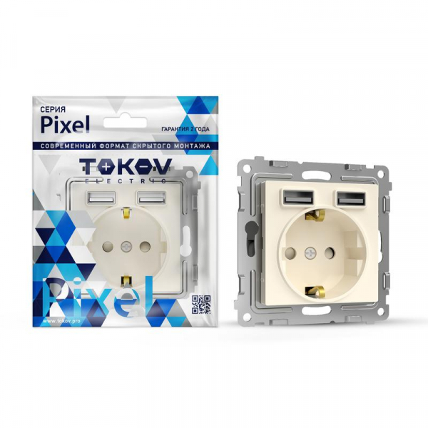 Розетка 1-м СП Pixel с заземл. с 2-мя заряд. устр. USB тип A+A механизм беж. TOKOV ELECTRIC TKE-PX-R1U2A-C02 ТехноИмпульс