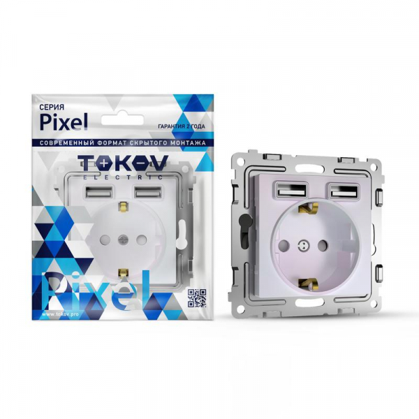 Розетка 1-м СП Pixel IP20 с заземл. с 2-мя заряд. устр. USB тип A+A механизм перламутр. TOKOV ELECTRIC TKE-PX-R1U2A-C04 ТехноИмпульс