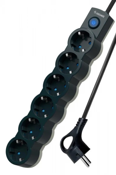 Удлинитель 6х3м с заземл. 10А IP20 2200Вт 220В защ. шторки ПВС 3х1 с выкл. черн. КОСМОС YKsm3m-6g-Z-V10A-B ТехноИмпульс