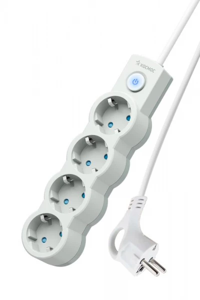 Удлинитель 4х1.5м с заземл. 10А IP20 2200Вт 220В защ. шторки ПВС 3х1 с выкл. бел. КОСМОС YKsm1.5m-4g-Z-V10A-W ТехноИмпульс