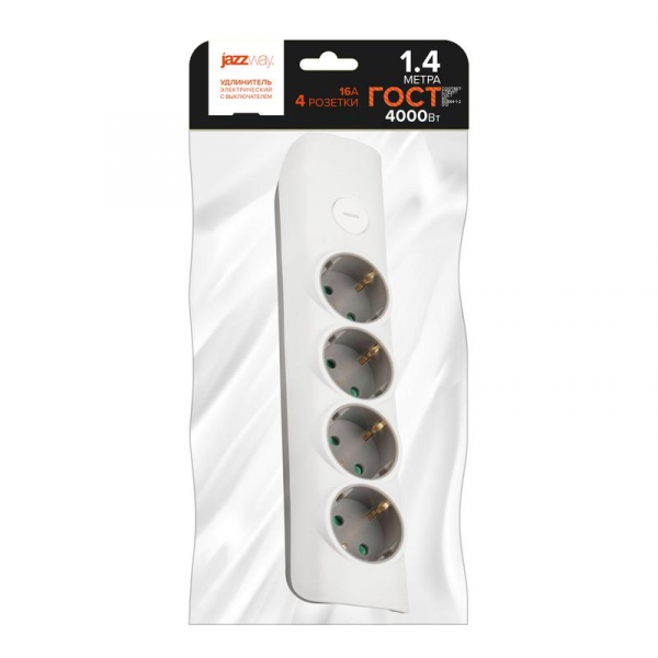 Удлинитель 4х1.4м с заземл. с выкл. бел. ET-04-140W JAZZway 5051799 ТехноИмпульс