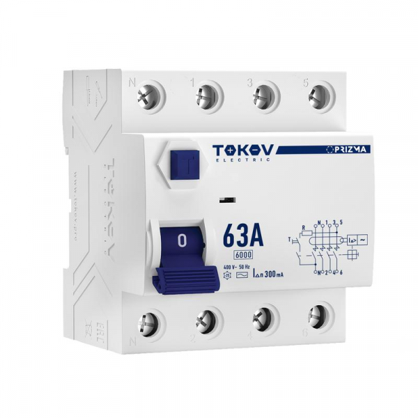 Выключатель дифференциального тока (УЗО) 4п (3P+N) 63А 300мА тип AC 6кА PRIZMA TOKOV ELECTRIC TKE-PZ60-RCDM-4-63-300-AC ТехноИмпульс