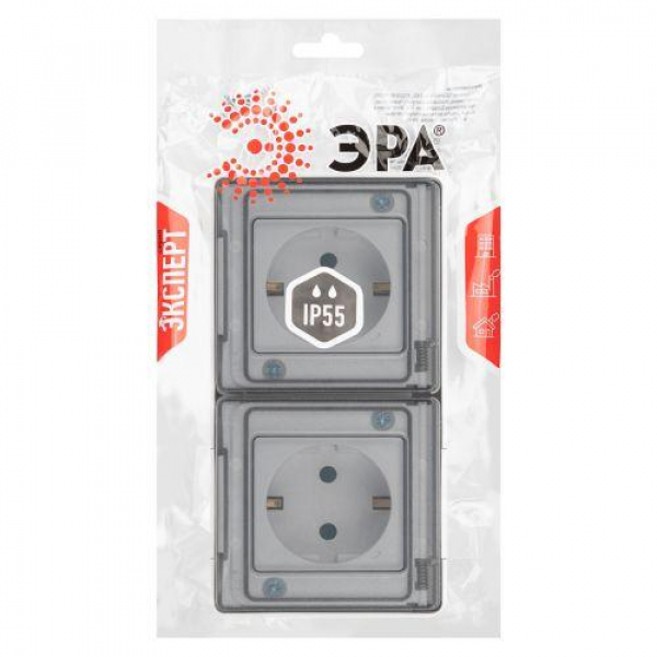 Розетка Эксперт 11-2504-01 2х2P+E гориз. IP55 шторки 16А-250В ОУ бел. Эра Б0063262 ТехноИмпульс