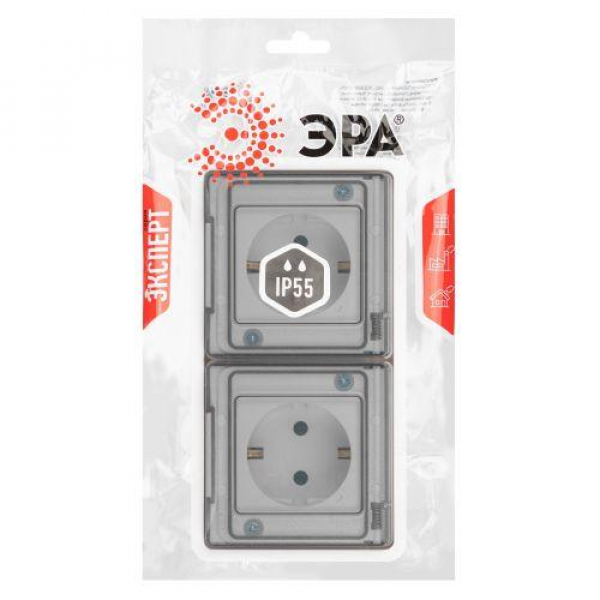 Розетка Эксперт 11-2523-01 2х2P+E гориз. IP55 16А-250В СУ бел. Эра Б0063276 ТехноИмпульс
