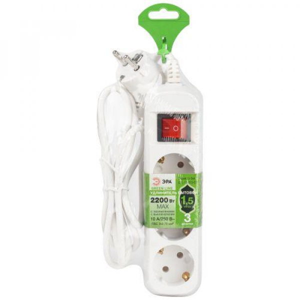Удлинитель 3х1.5м с заземл. с выкл. ПВС 3х0.75 UDL-10-315-ES Greenline Эра Б0065051 ТехноИмпульс