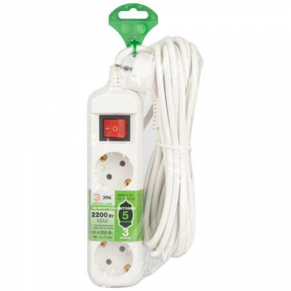Удлинитель 3х5м с заземл. с выкл. ПВС 3х0.75 UDL-10-350-ES Greenline Эра Б0065080 ТехноИмпульс