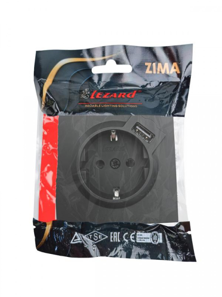 Розетка 1-мест. с/з+USB разъем СП ZIMA IP20 черн. бархат LEZARD 704-4288-181 ТехноИмпульс