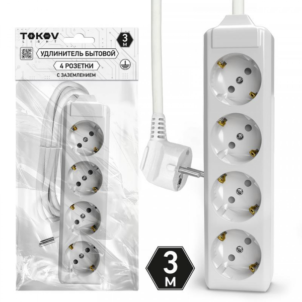 Удлинитель 4х3м с заземл. 10А 3х1.5 TOKOV LIGHT TKL-C01-BU4-3-1.5-Z ТехноИмпульс