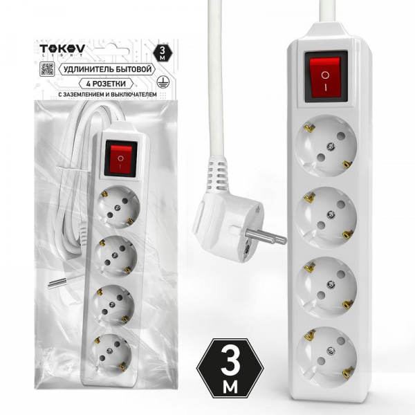 Удлинитель 4х3м с заземл. с выкл. 10А 3х1.5 TOKOV LIGHT TKL-C01-BU4-3-1.5-ZV ТехноИмпульс