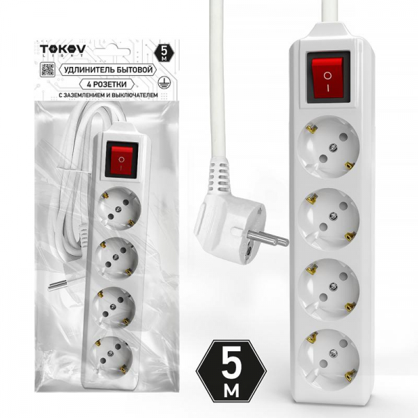 Удлинитель 4х5м с заземл. с выкл. 10А 3х1.5 TOKOV LIGHT TKL-C01-BU4-5-1.5-ZV ТехноИмпульс