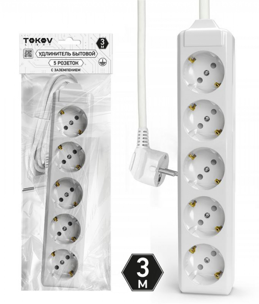 Удлинитель 5х3м с заземл. 10А 3х1.5 TOKOV LIGHT TKL-C01-BU5-3-1.5-Z ТехноИмпульс