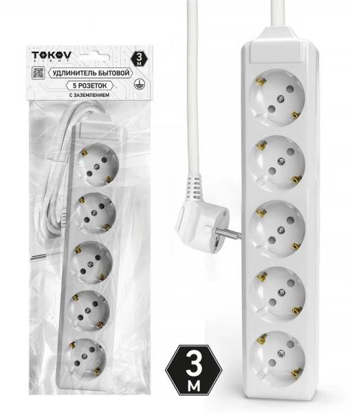 Удлинитель 5х3м с заземл. 10А 3х1.5 TOKOV LIGHT TKL-C01-BU5-3-1.5-Z ТехноИмпульс