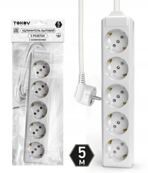 Удлинитель 5х5м с заземл. 10А 3х1.5 TOKOV LIGHT TKL-C01-BU5-5-1.5-Z ТехноИмпульс