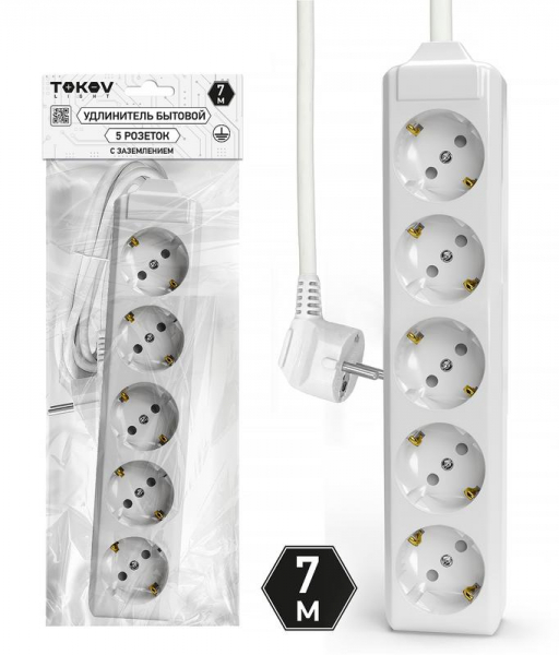 Удлинитель 5х7м с заземл. 10А 3х1.5 TOKOV LIGHT TKL-C01-BU5-7-1.5-Z ТехноИмпульс