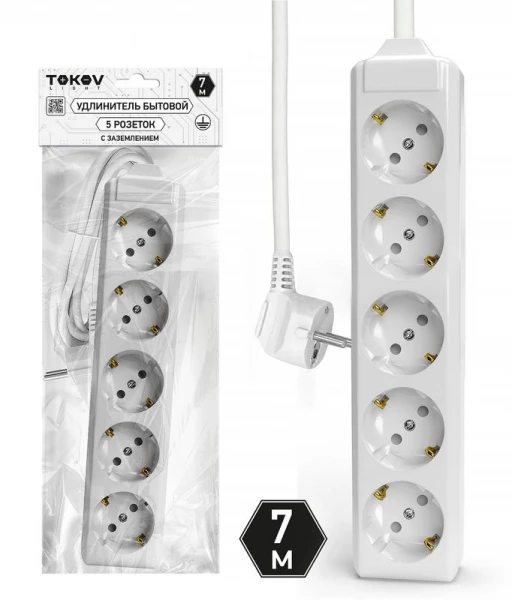 Удлинитель 5х7м с заземл. 10А 3х1.5 TOKOV LIGHT TKL-C01-BU5-7-1.5-Z ТехноИмпульс