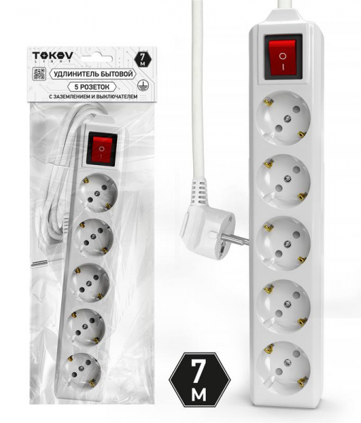 Удлинитель 5х7м с заземл. с выкл. 10А 3х1.5 TOKOV LIGHT TKL-C01-BU5-7-1.5-ZV ТехноИмпульс