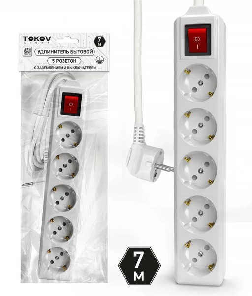 Удлинитель 5х7м с заземл. с выкл. 10А 3х1.5 TOKOV LIGHT TKL-C01-BU5-7-1.5-ZV ТехноИмпульс