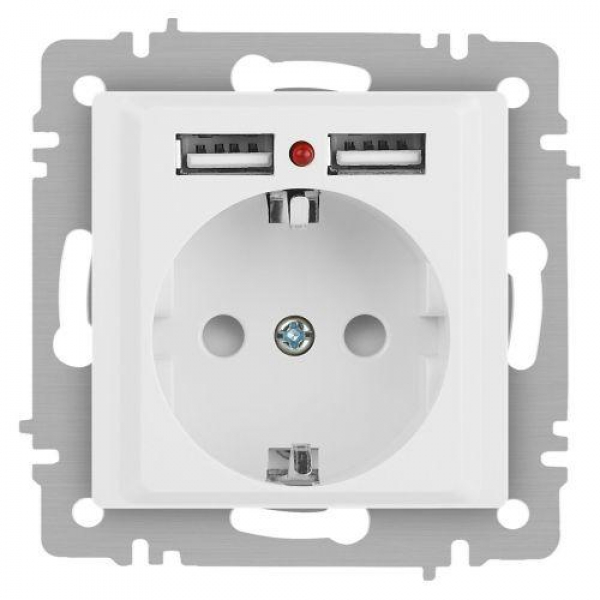 Розетка 1-м СП Accent 6-410-01М 16А IP20 250В P+E Schuko защ. шторки + 2хUSB бел. матов. Intro Б0063691 ТехноИмпульс