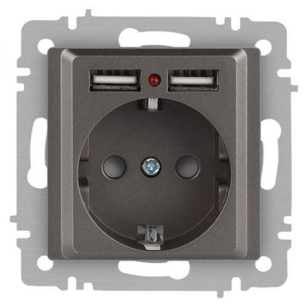 Розетка 1-м СП Accent 6-410-09 16А IP20 250В P+E Schuko + 2хUSB защ. шторки титан Intro Б0063711 ТехноИмпульс