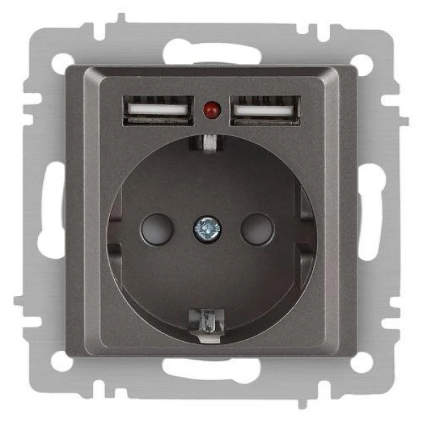 Розетка 1-м СП Accent 6-410-09 16А IP20 250В P+E Schuko + 2хUSB защ. шторки титан Intro Б0063711 ТехноИмпульс
