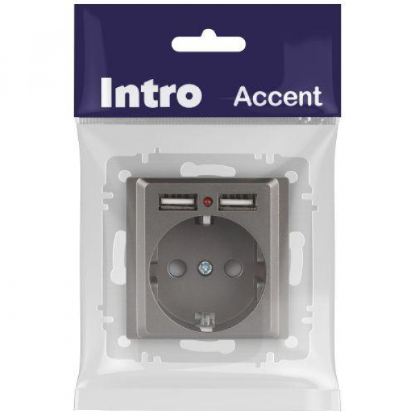 Розетка 1-м СП Accent 6-410-09 16А IP20 250В P+E Schuko + 2хUSB защ. шторки титан Intro Б0063711 ТехноИмпульс
