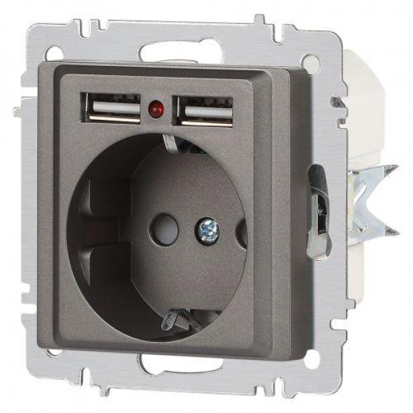 Розетка 1-м СП Accent 6-410-09 16А IP20 250В P+E Schuko + 2хUSB защ. шторки титан Intro Б0063711 ТехноИмпульс