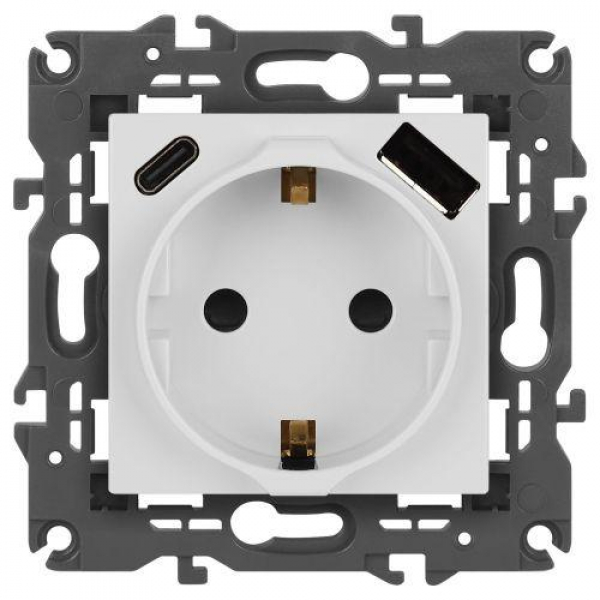 Розетка Elegance 14-4108-01 16A 250В 2P+E защ. шторки с USB type-A+C 3А 5В белый Эра Б0067736 ТехноИмпульс