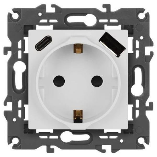 Розетка Elegance 14-4108-01 16A 250В 2P+E защ. шторки с USB type-A+C 3А 5В белый Эра Б0067736 ТехноИмпульс