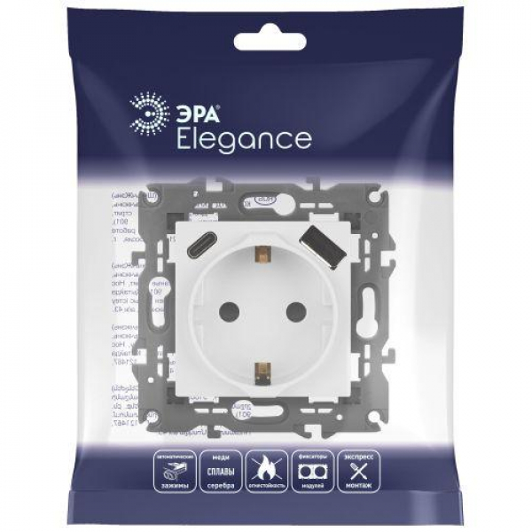 Розетка Elegance 14-4108-01 16A 250В 2P+E защ. шторки с USB type-A+C 3А 5В белый Эра Б0067736 ТехноИмпульс