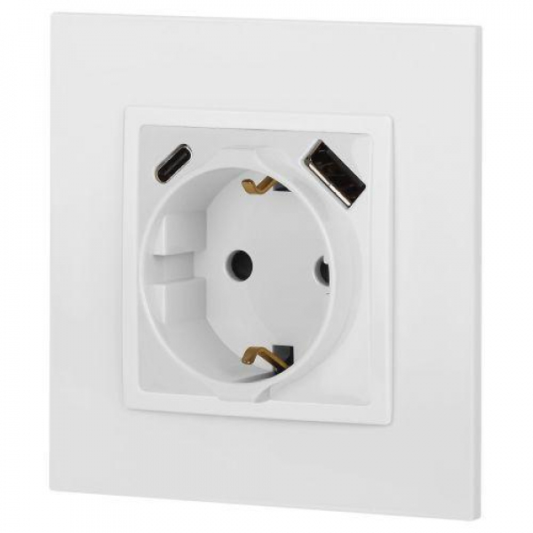 Розетка Elegance 14-4108-01 16A 250В 2P+E защ. шторки с USB type-A+C 3А 5В белый Эра Б0067736 ТехноИмпульс