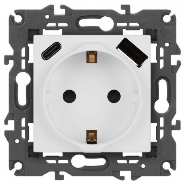 Розетка Elegance 14-4108-01М 16A 250В 2P+E защ. шторки с USB type-A+C 3А 5В матов. бел. Эра Б0067710 ТехноИмпульс
