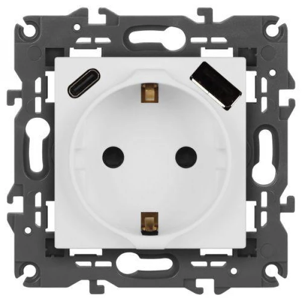 Розетка Elegance 14-4108-01М 16A 250В 2P+E защ. шторки с USB type-A+C 3А 5В матов. бел. Эра Б0067710 ТехноИмпульс