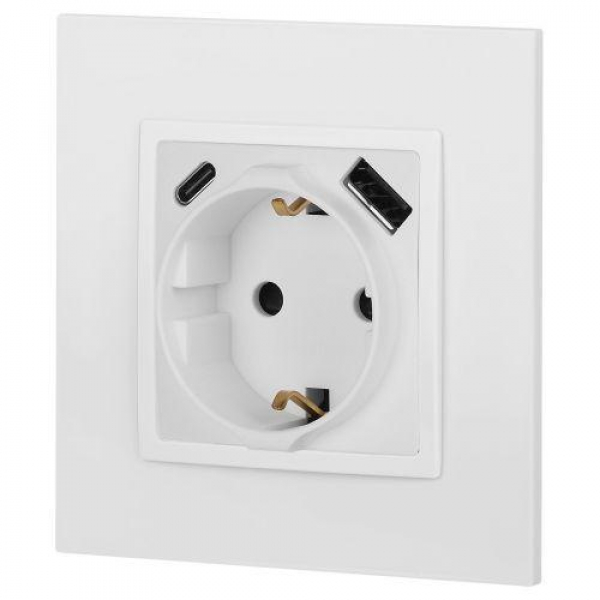 Розетка Elegance 14-4108-01М 16A 250В 2P+E защ. шторки с USB type-A+C 3А 5В матов. бел. Эра Б0067710 ТехноИмпульс