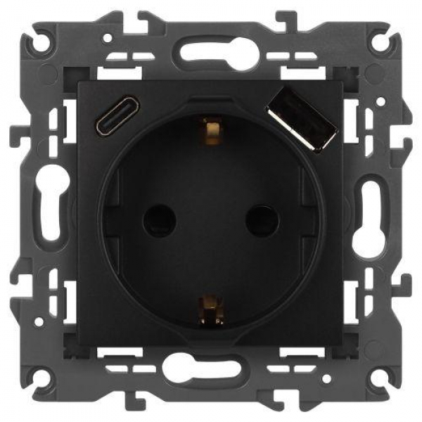 Розетка Elegance 14-4108-05 16A 250В 2P+E защ. шторки с USB type-A+C 3А 5В антрацит Эра Б0067724 ТехноИмпульс
