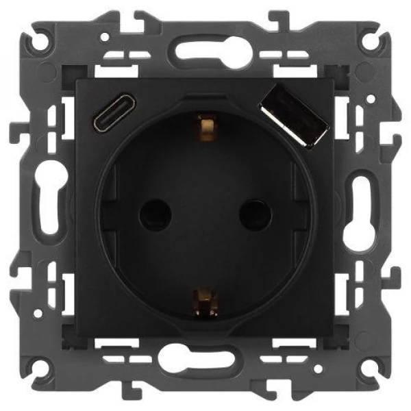 Розетка Elegance 14-4108-05 16A 250В 2P+E защ. шторки с USB type-A+C 3А 5В антрацит Эра Б0067724 ТехноИмпульс