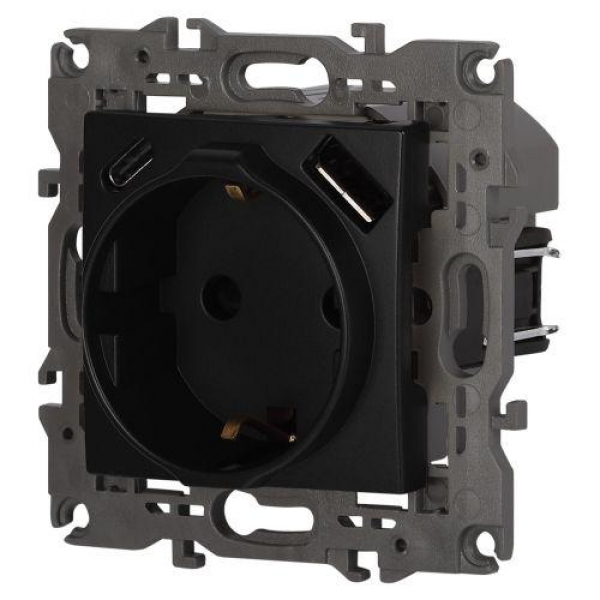 Розетка Elegance 14-4108-05 16A 250В 2P+E защ. шторки с USB type-A+C 3А 5В антрацит Эра Б0067724 ТехноИмпульс