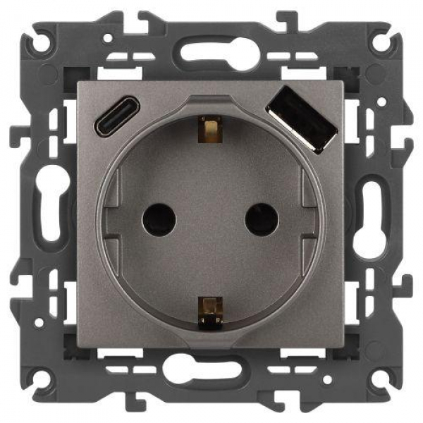 Розетка Elegance 14-4108-16 16A 250В 2P+E защ. шторки с USB type-A+C 3А 5В титан Эра Б0067695 ТехноИмпульс