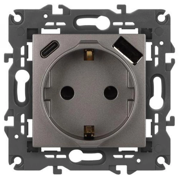 Розетка Elegance 14-4108-16 16A 250В 2P+E защ. шторки с USB type-A+C 3А 5В титан Эра Б0067695 ТехноИмпульс