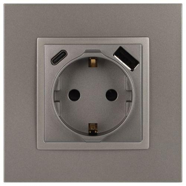 Розетка Elegance 14-4108-16 16A 250В 2P+E защ. шторки с USB type-A+C 3А 5В титан Эра Б0067695 ТехноИмпульс