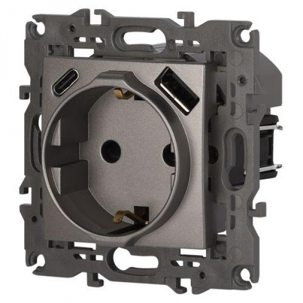 Розетка Elegance 14-4108-16 16A 250В 2P+E защ. шторки с USB type-A+C 3А 5В титан Эра Б0067695 ТехноИмпульс