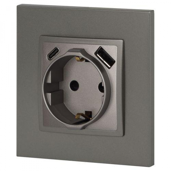 Розетка Elegance 14-4108-16 16A 250В 2P+E защ. шторки с USB type-A+C 3А 5В титан Эра Б0067695 ТехноИмпульс