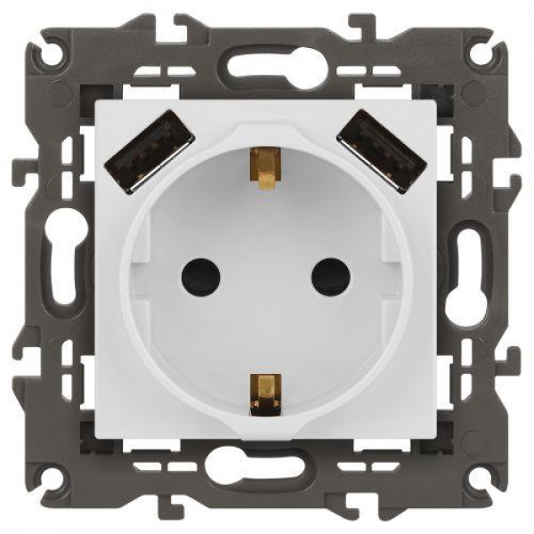 Розетка Elegance 14-4109-01М 16A 250В 2P+E защ. штор. с 2xUSB 3А 5В матов. бел. Эра Б0065773 ТехноИмпульс